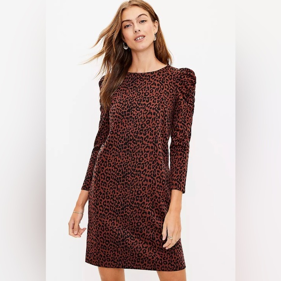 LOFT NWT Women's Leopard Print Ruched Sleeve Shift Dress - Picture 1 of 3